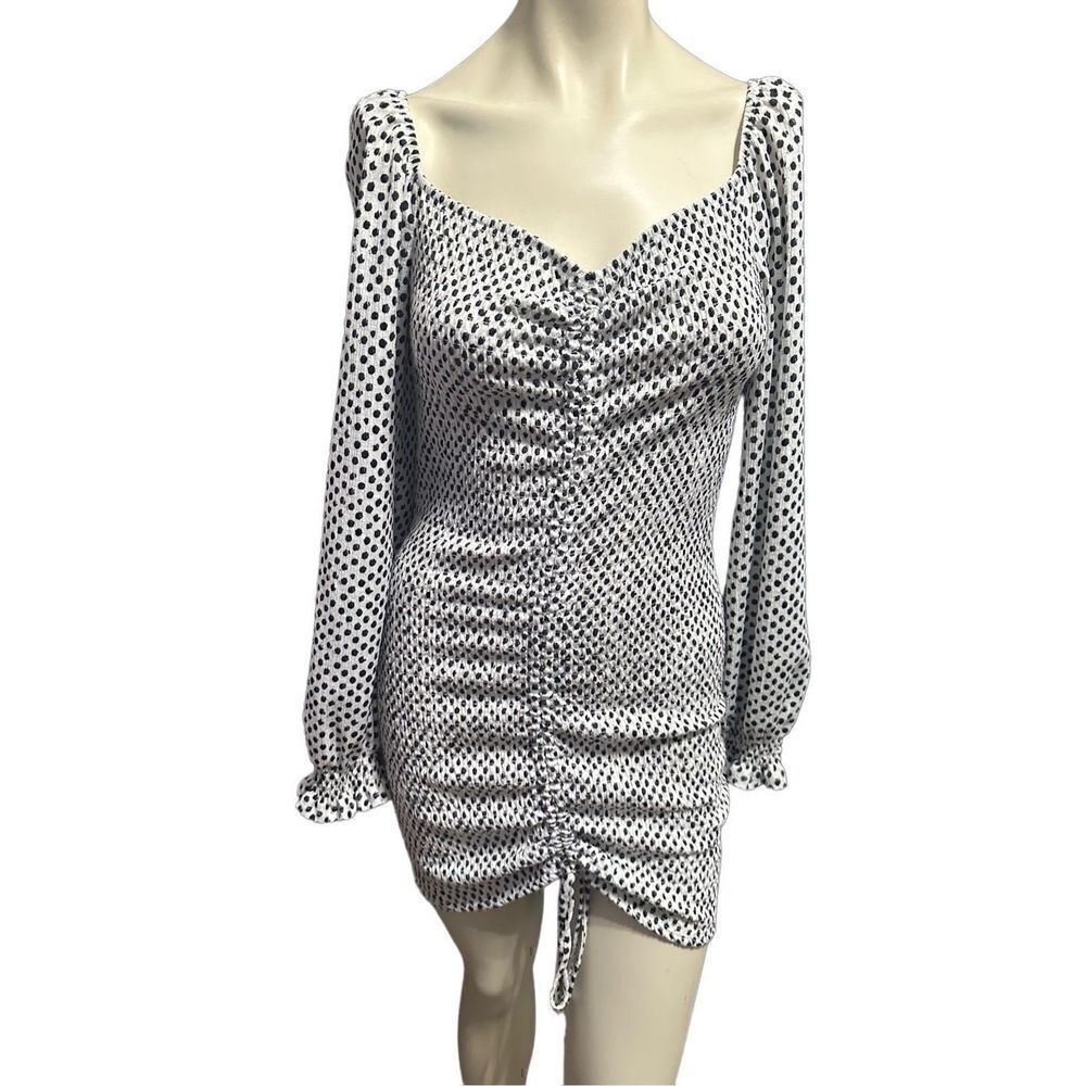 Midnight Doll Women's Long Sleeve Emma Ruched Drawstring Dot Dress Large 🛑